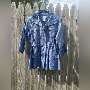 Chicos Blue Shimmer Jacket Sz 0 Small Ginette Metallic Draw Waist Tab Womans